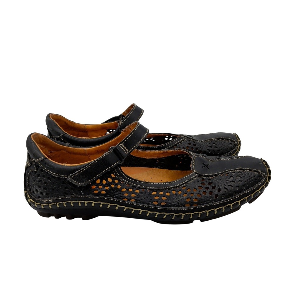 Pikolinos Puerto Vallarta Black Leather Perforated Mary Jane Flat 38 Women 7.5-8